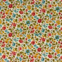 Bloemen steenrood, teal, oker en groen op ivoor ondergrond FQ