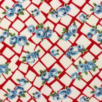 Rood met witte vlakjes en blauwe rozen