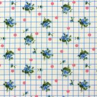 Bijna wit met blauw ruitje en blauwe roosjes