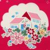 2905 - Rozerood met huisjes en bloemen