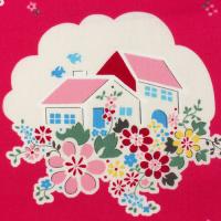 Rozerood met huisjes en bloemen