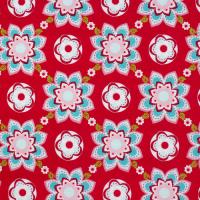 Rood met blauw roze bloemen