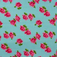 Blauw, aqua, met roze roosjes