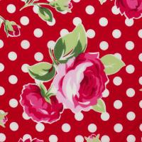 Rood met witte dots en rozerode bloemen