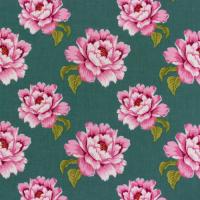 Blauwgroen met linnenprint en roze roosjes