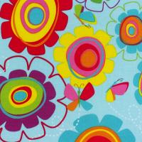 Blauw met grote felle bloemen met vlinders