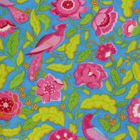 Blauw met roze vogels en bloemen