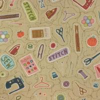 Beige met afbeeldingen van naaimachines en fournituren