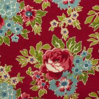 Rood met grote rode rozen en blauwe bloemen