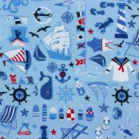 Licht blauw met blauwe en rode nautische figuurtjes