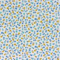 Kleine bloemetjes geel, aqua en blauw op witte ondergrond FQ