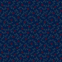 Blauw donker met wit gestippeld krullijntje en rood bloemetje